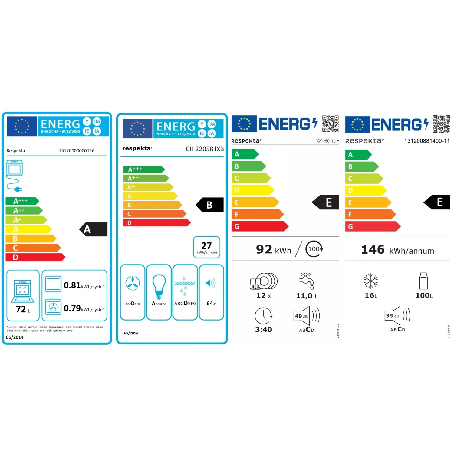 Energieeffizienzlabel für Respekta Küchengeräte: Herd A, Dunstabzugshaube B, Geschirrspüler E, Kühlschrank E.