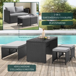 Schwarze Svita Athina Polyrattan Sitzgruppe mit grauen Kissen, flexibel als Gartensofa oder Essgruppe nutzbar, platzsparend.