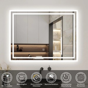 Rechteckiger Badspiegel 80x60 cm mit LED-Beleuchtung, drei Lichtfarben und Touch-Funktion.