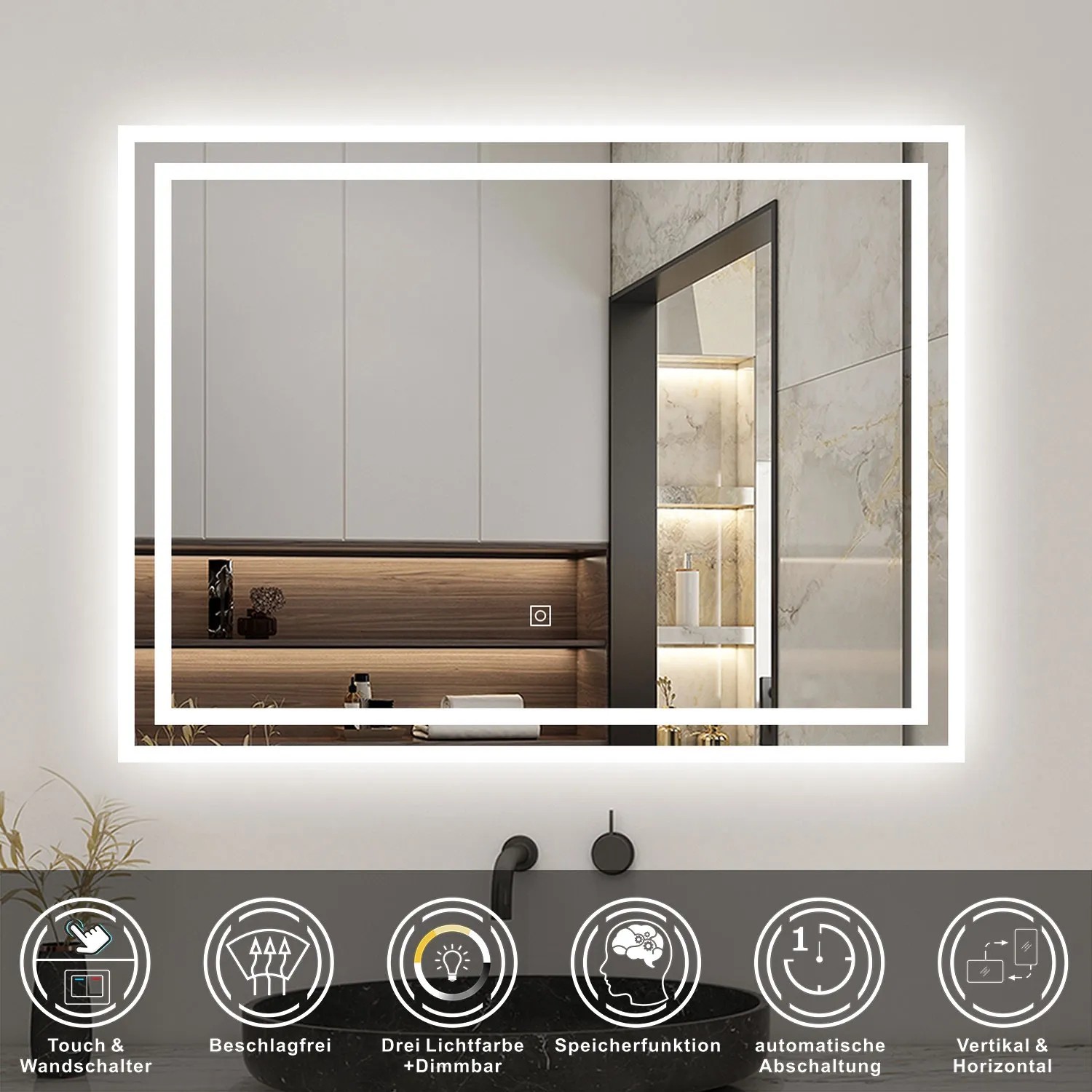 Rechteckiger Badspiegel 80x60 cm mit LED-Beleuchtung, drei Lichtfarben und Touch-Funktion.