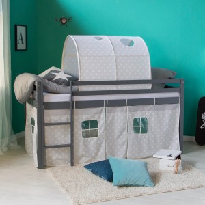 Graues Homestyle4u Kinderhochbett mit Lattenrost, Matratze, Vorhang und Tunnel.
