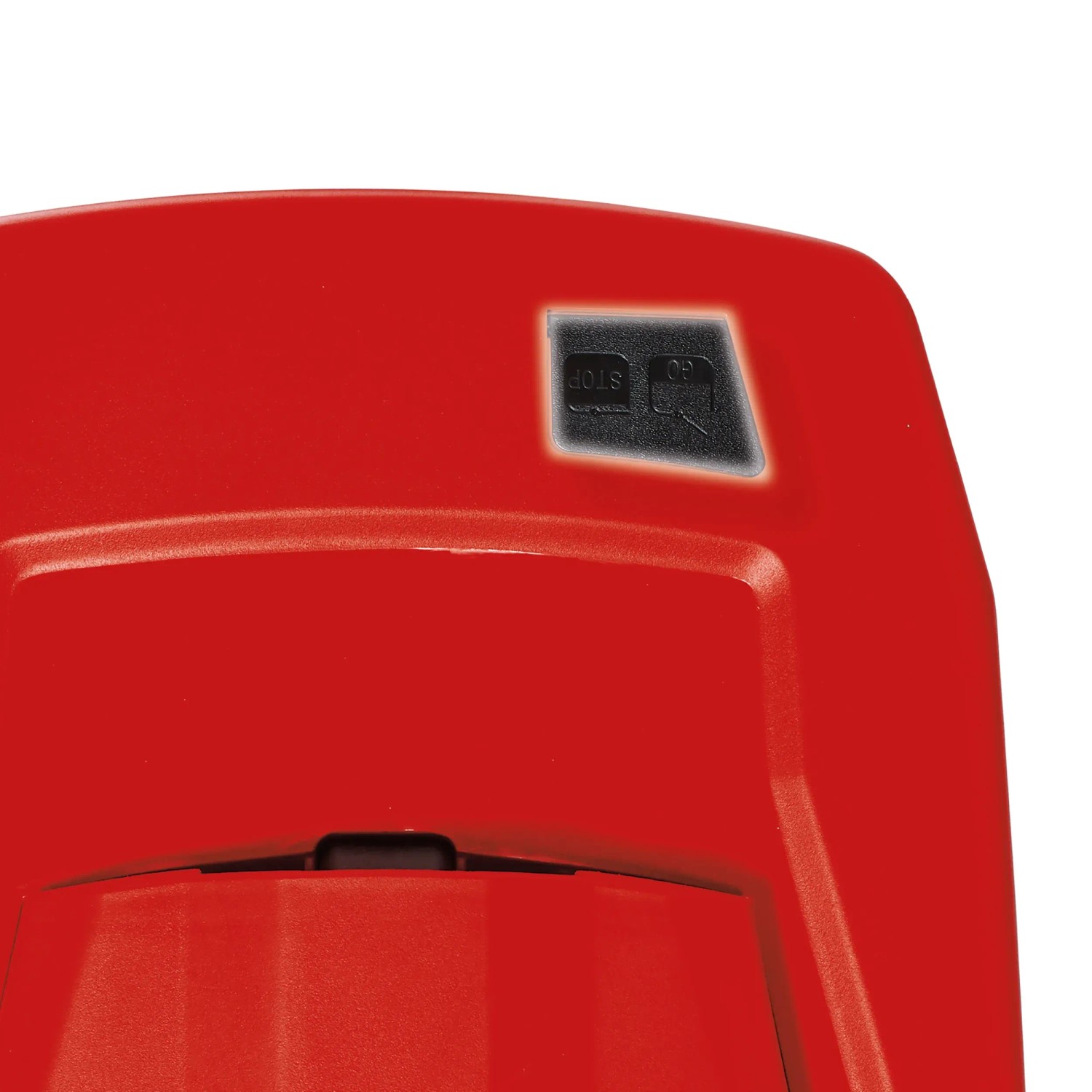 Detailaufnahme: Rote Abdeckung des Einhell Akku-Rasenmähers mit Start/Stopp-Schalter.