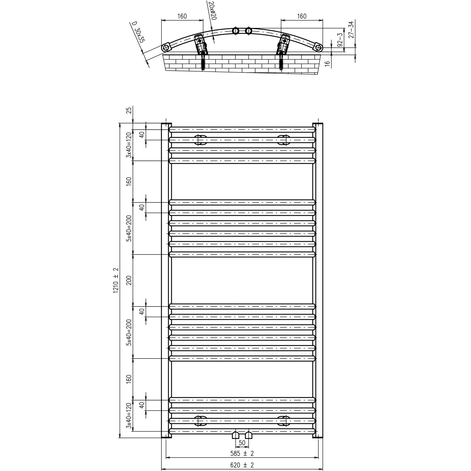 Technische Zeichnung: Schulte Design-Heizkörper gebogen, Maße und Details.