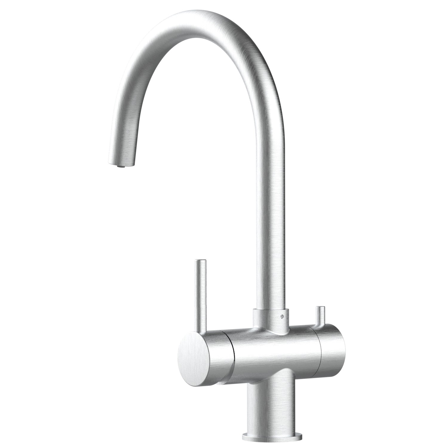 Gebürsteter Edelstahl 3-Wege Wasserhahn mit schwenkbarem U-Auslauf für gefiltertes Wasser.