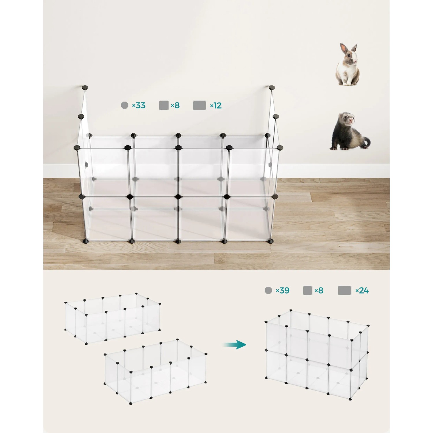 Feandrea Freigehege, 125x63x42 cm, weiß, mit Bodenplatten, für Kleintiere wie Hamster und Meerschweinchen.