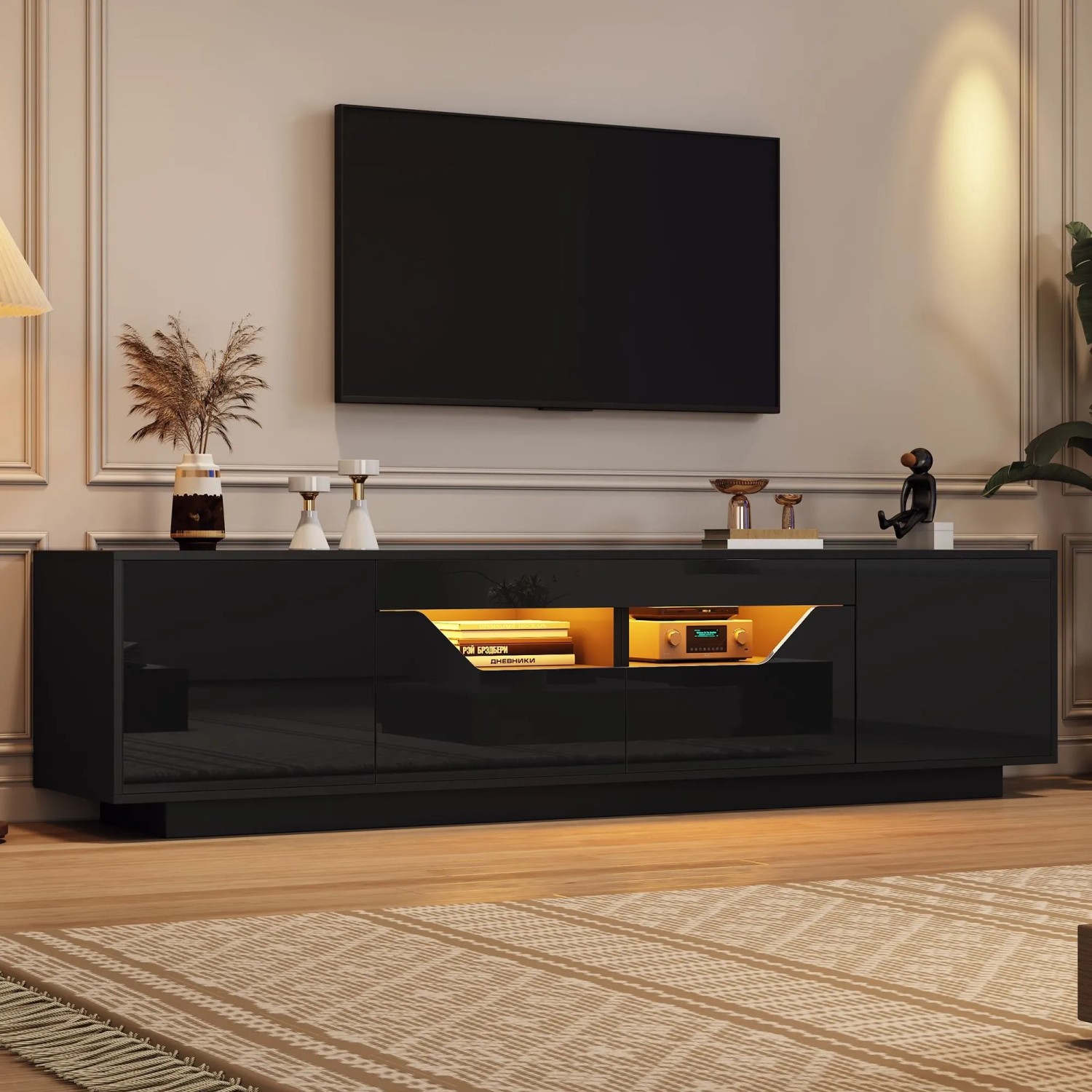 Merax TV Lowboard 180x40x45 cm LED 2 Schubladen 2 Türen Hochglanz Schwarz