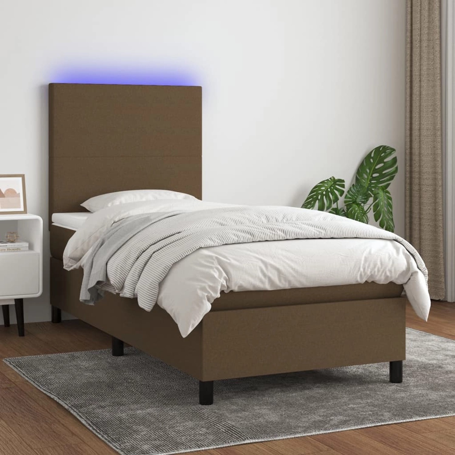 Dunkelbraunes vidaXL Boxspringbett mit LED, Matratze und Topper, Stoff 90x190 cm.