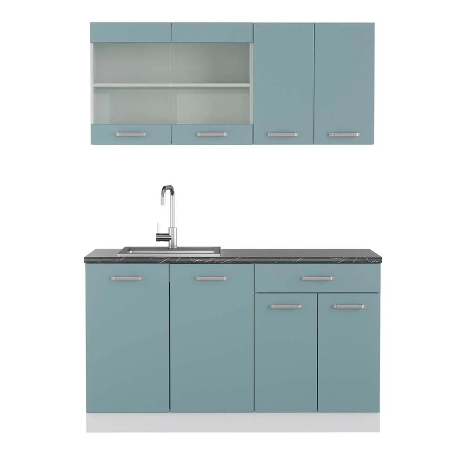 Vicco R-Line Singleküche Blau-Grau Weiß 140 cm AP Anthrazit ohne E-Geräte