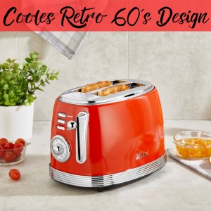 Roter Zilan Retro Toaster ZLN-7040, 2-Scheiben-Toaster mit 6 Stufen und 850 Watt Leistung.