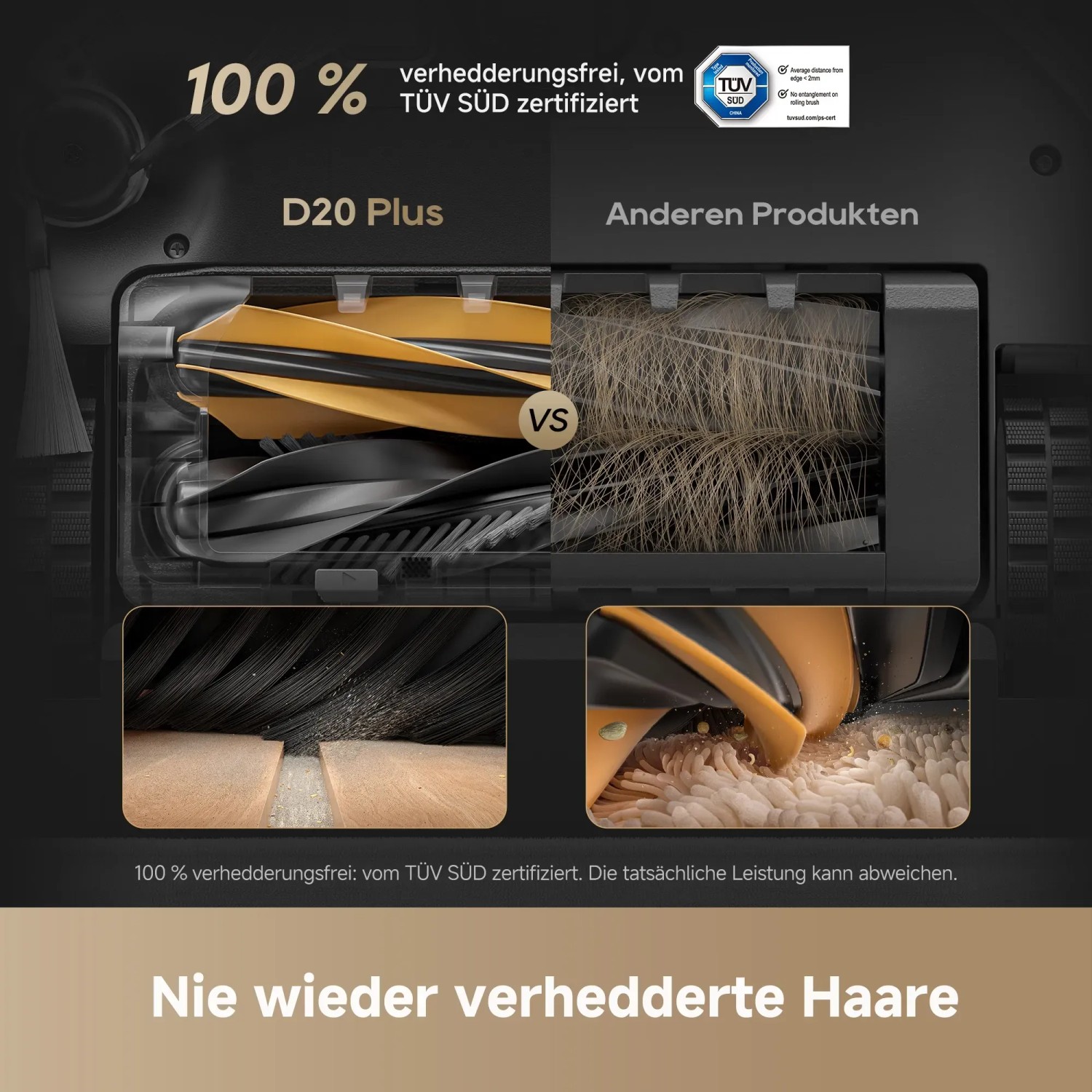 Dreame Saugroboter D20 Plus: Vergleich der Bürsten – verhedderfrei vs. verheddert.