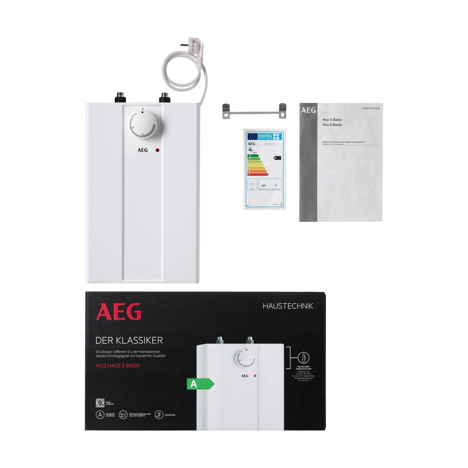 AEG Kleinspeicher Huz 5 Basis, 5 Liter Warmwasserspeicher zur Untermontage, weiß.