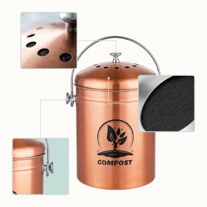 Kupferfarbener Edelstahl Komposteimer mit Geruchsfilter, Henkel und 'COMPOST' Aufdruck für die Küche.