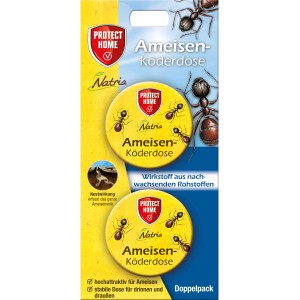 Protect Home Natria Ameisen Köderdose, 2er-Pack. Gelbe Dosen mit Ameisen-Motiv auf blauem Hintergrund.