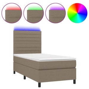 vidaXL Boxspringbett Taupe mit LED, 90x200 cm. Stoffbezogenes Bett mit Matratze und farbigen Lichteffekten.