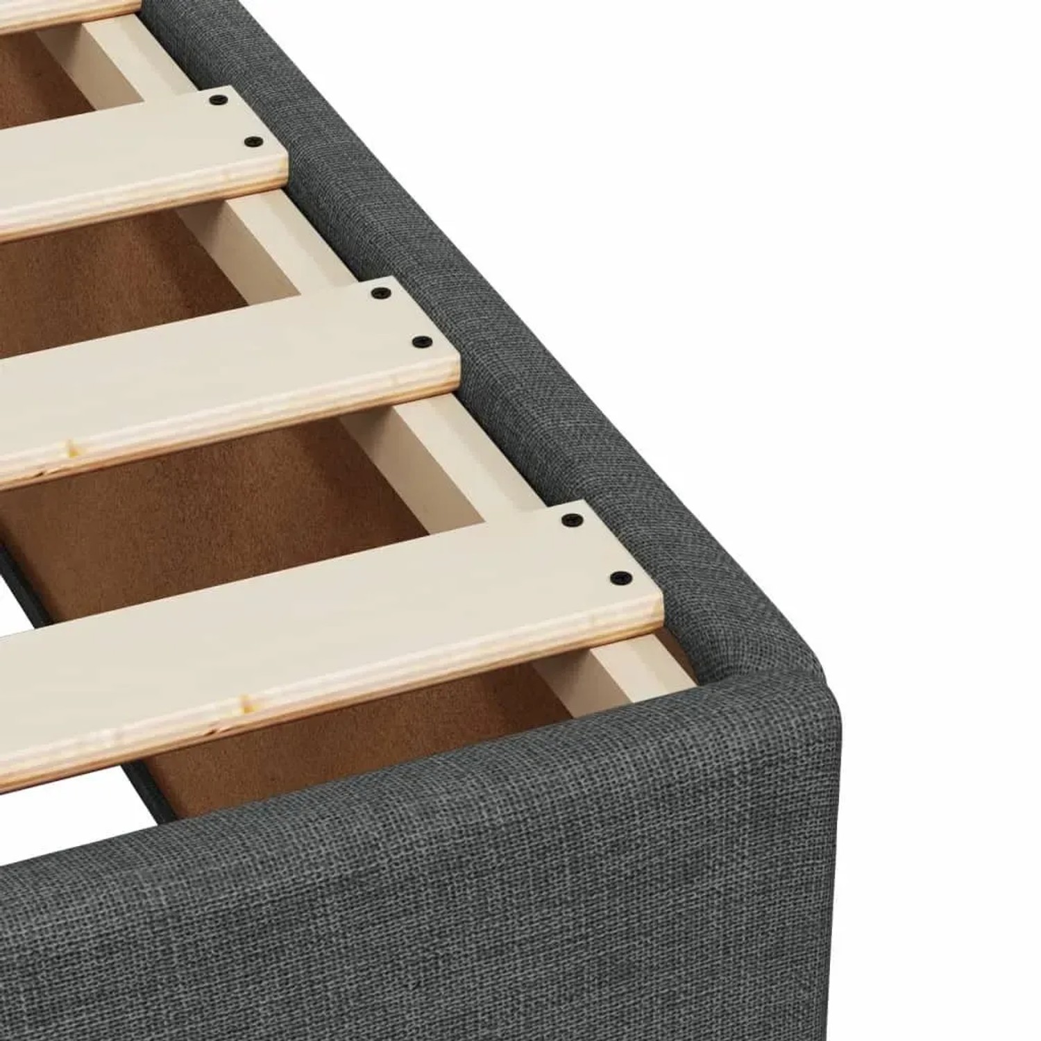 Detailansicht Boxspringbett in Dunkelgrau mit Lattenrost. Bett für erholsamen Schlaf.