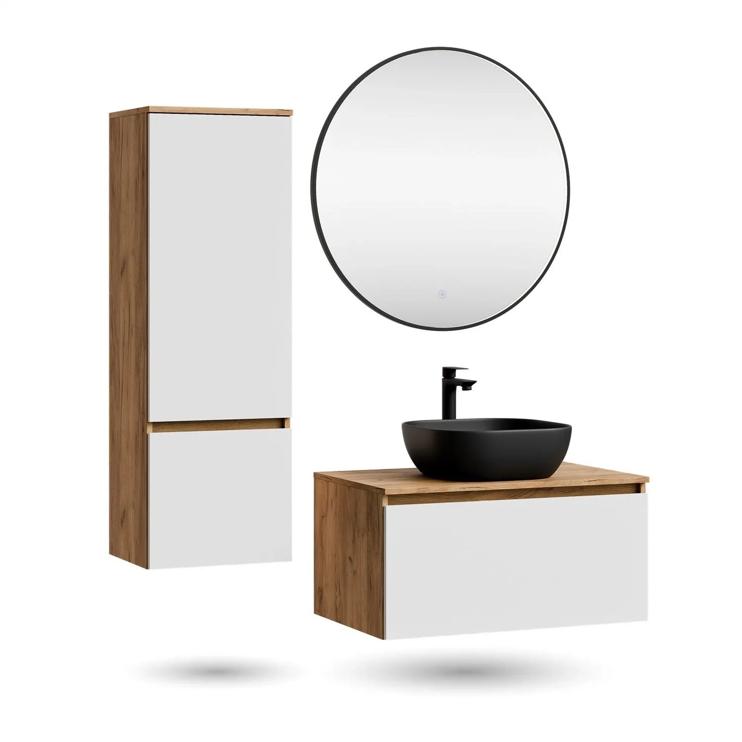 Planetmöbel ARISA Badmöbel Set 80 cm Weiß Matt mit Hochschrank Veluna LED Spiegel 80 cm und Keramik Aufsatzwaschbecken 42 cm in Schwarz Soft Close