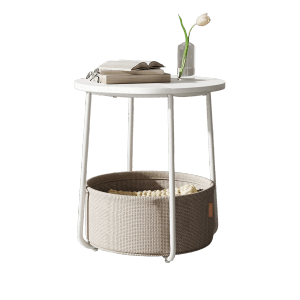 Songmics Beistelltisch Lilea mit Korb Rund Weiß-Beige