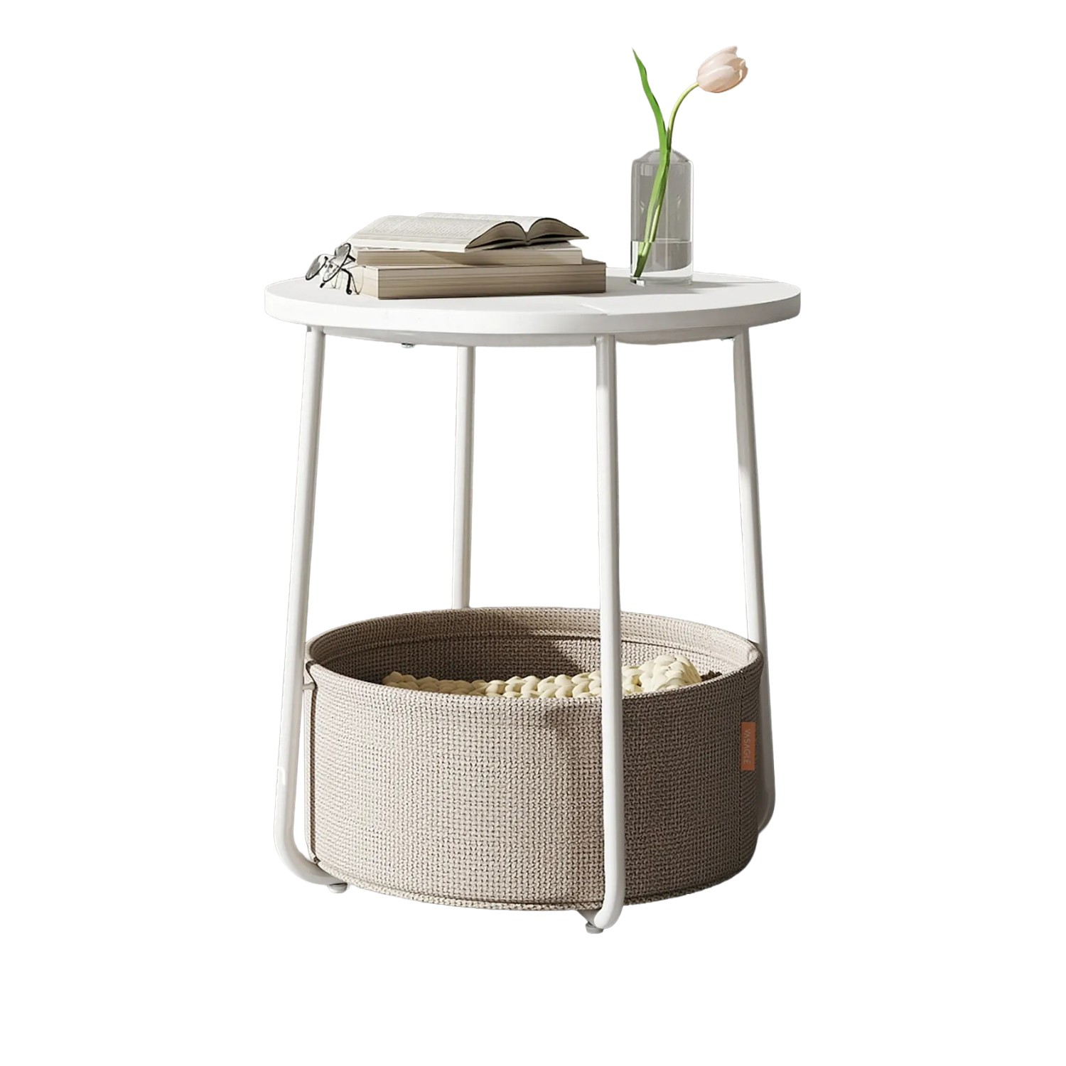 Songmics Beistelltisch Lilea mit Korb Rund Weiß-Beige günstig online kaufen