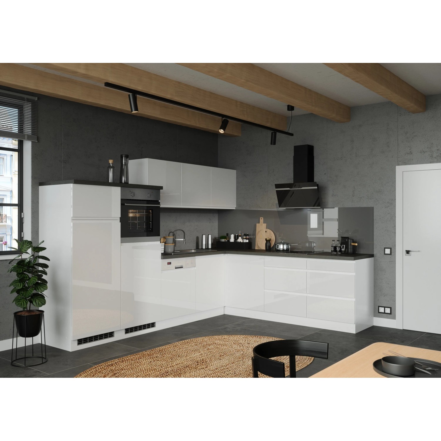 Moderne Held Winkelküche Gera, 300 cm, Weiß/Beton, ohne E-Geräte. Küchenzeile mit Hochglanzfronten und Arbeitsplatte.