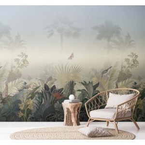 Bricoflor Regenwald Tapete mit Dschungelmotiv, Palmen, Vögeln und Schmetterlingen in Beige und Grün.