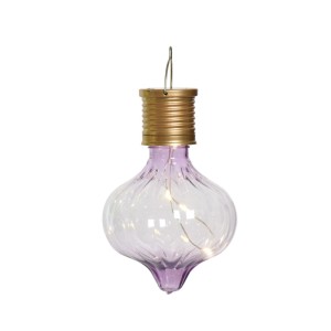 Lila LED Solar Glühbirne mit warmweißer Drahtlichterkette und goldener Kappe zum Hängen. Dekorative Kugelleuchte für Terrasse & Garten.