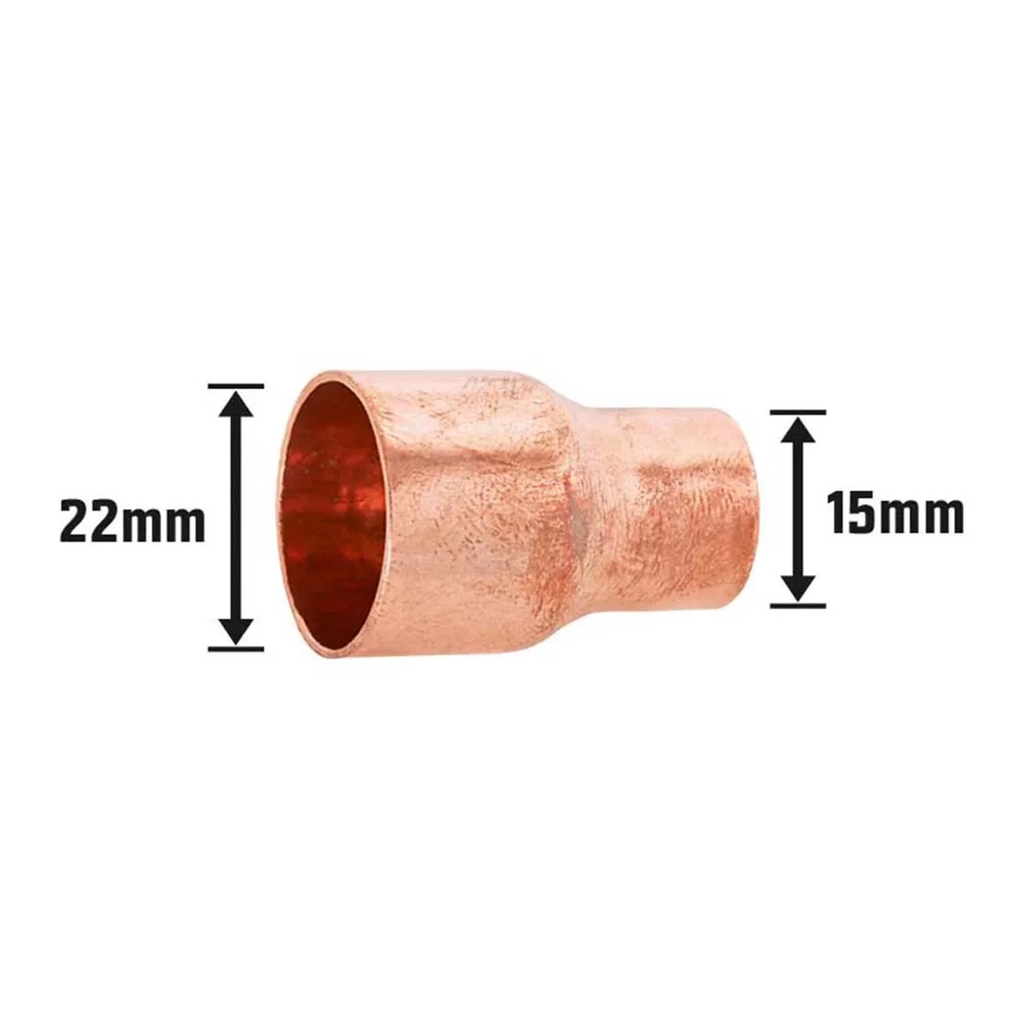 Löt-Reduziermuffe aus Kupfer, 22 mm x 15 mm, für Kupferrohr-Verbindungen.