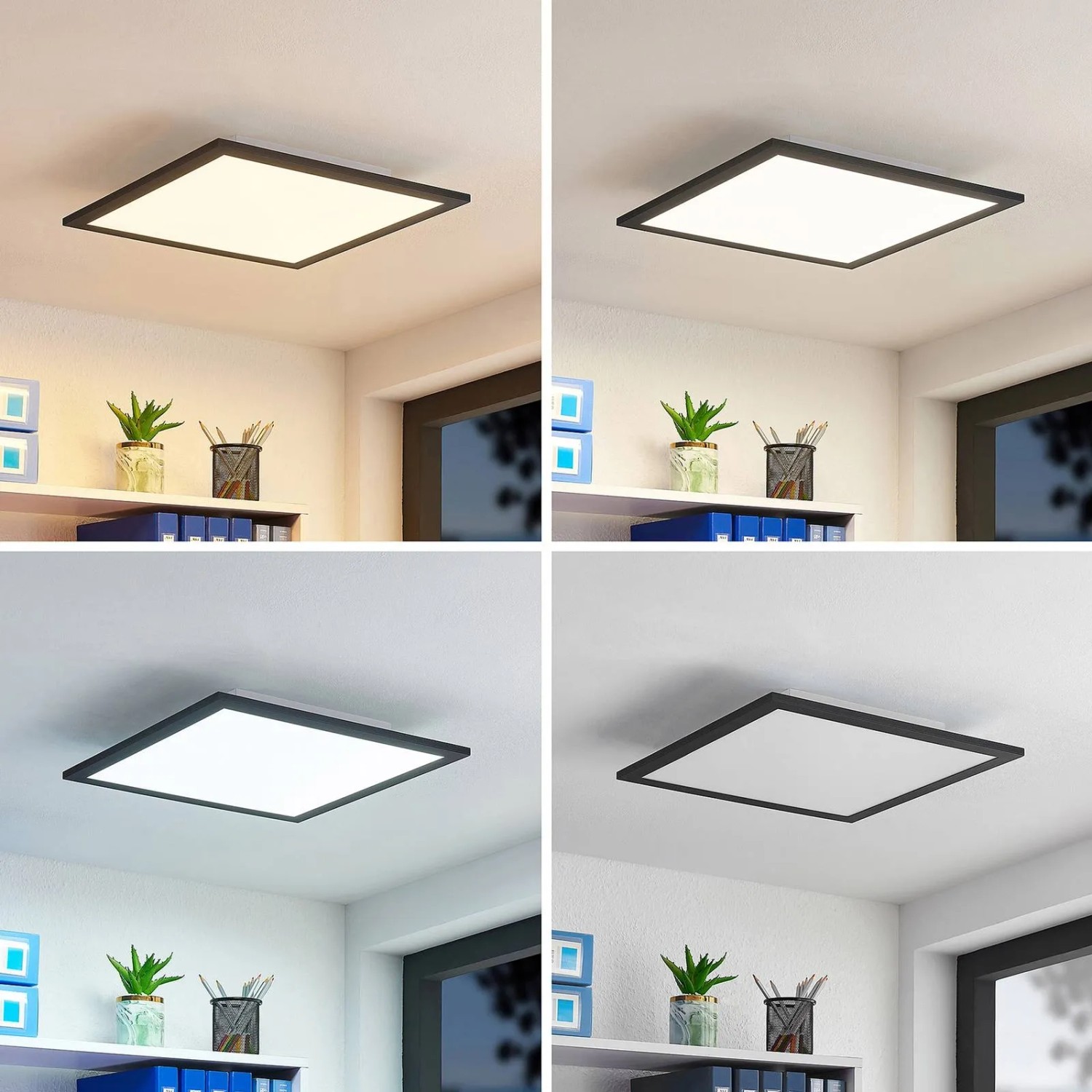 Dimmbares Lindby LED Panel Nelios in Schwarz, verschiedene Lichtfarben im Vergleich.