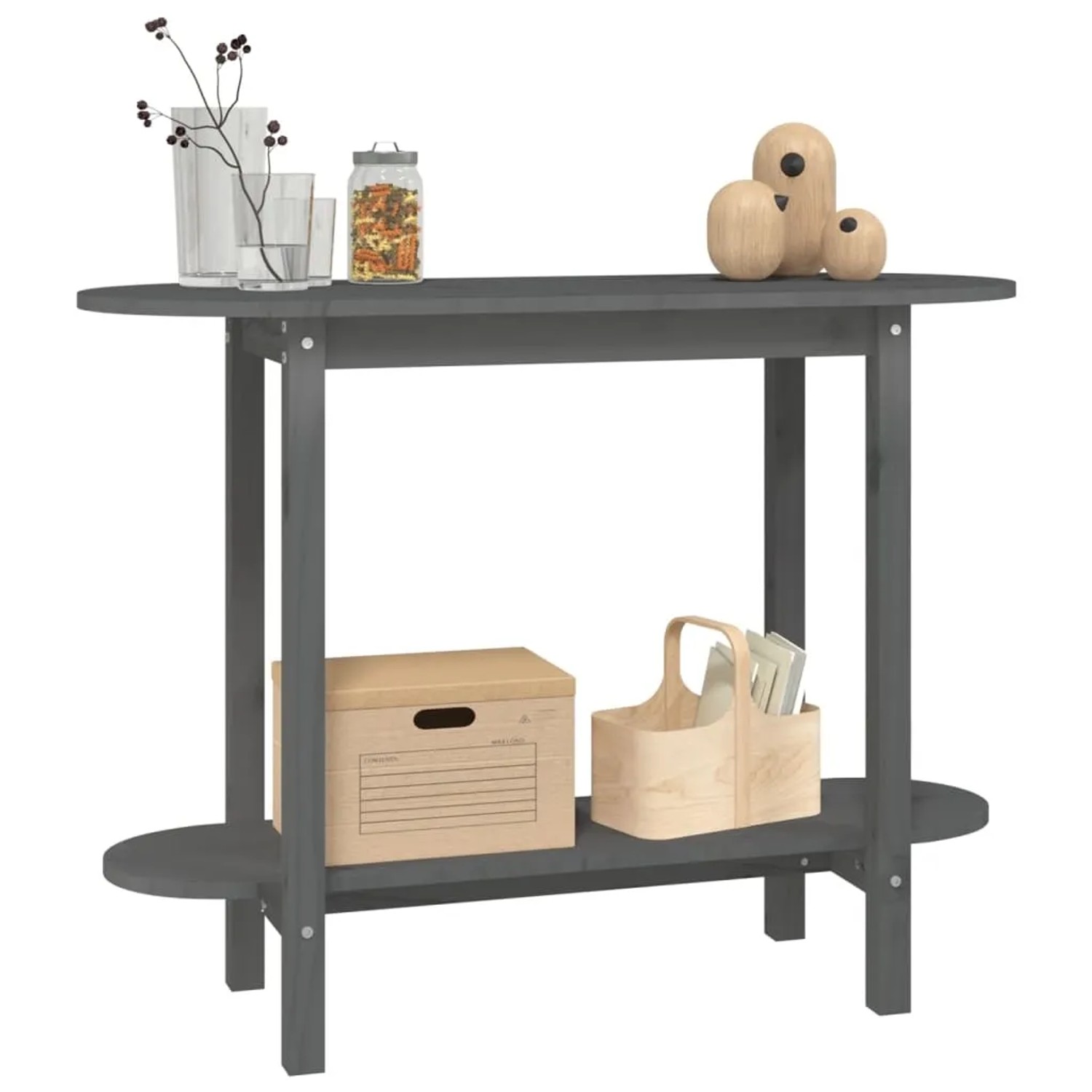 Grauer Konsolentisch aus Kiefernholz (110x40x80 cm) mit Ablage für Flur oder Wohnzimmer.