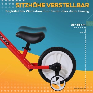 Detailaufnahme: Rotes Kinder Laufrad mit Stützrädern, Sitzhöhe verstellbar (33-38cm).