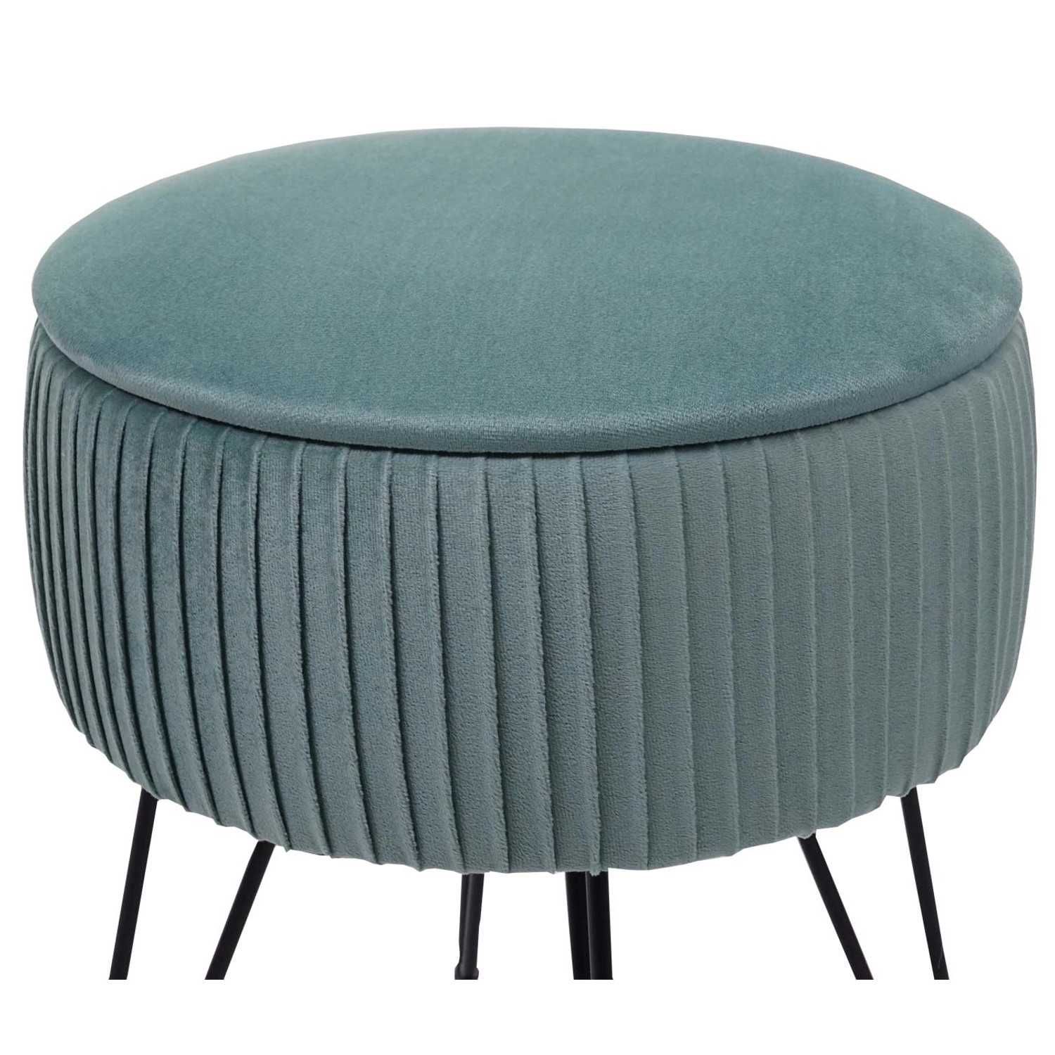 Grüner MCW Sitzhocker K47 mit schwarzem Gestell und Stauraum unter dem abnehmbaren Deckel.