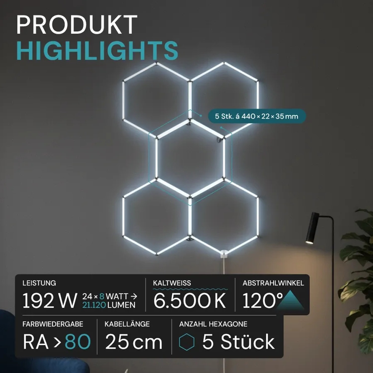 5er Set LUXULA Hexagon LED Deckenleuchte, kaltweiß, modulare Garagenlampe.