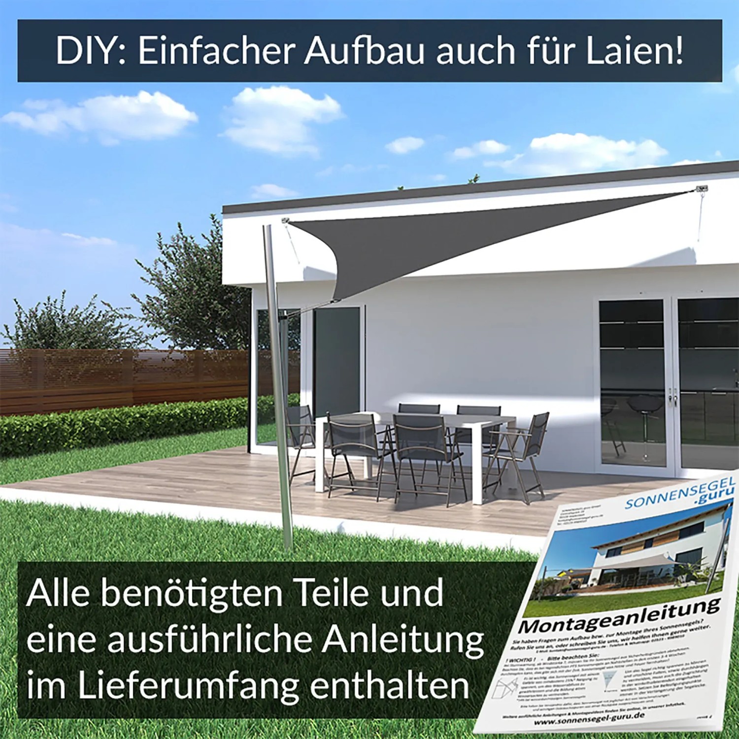 Anthrazitfarbenes Toldoro Sonnensegel Komplettset 6x6x6m mit Mast und Montageanleitung.