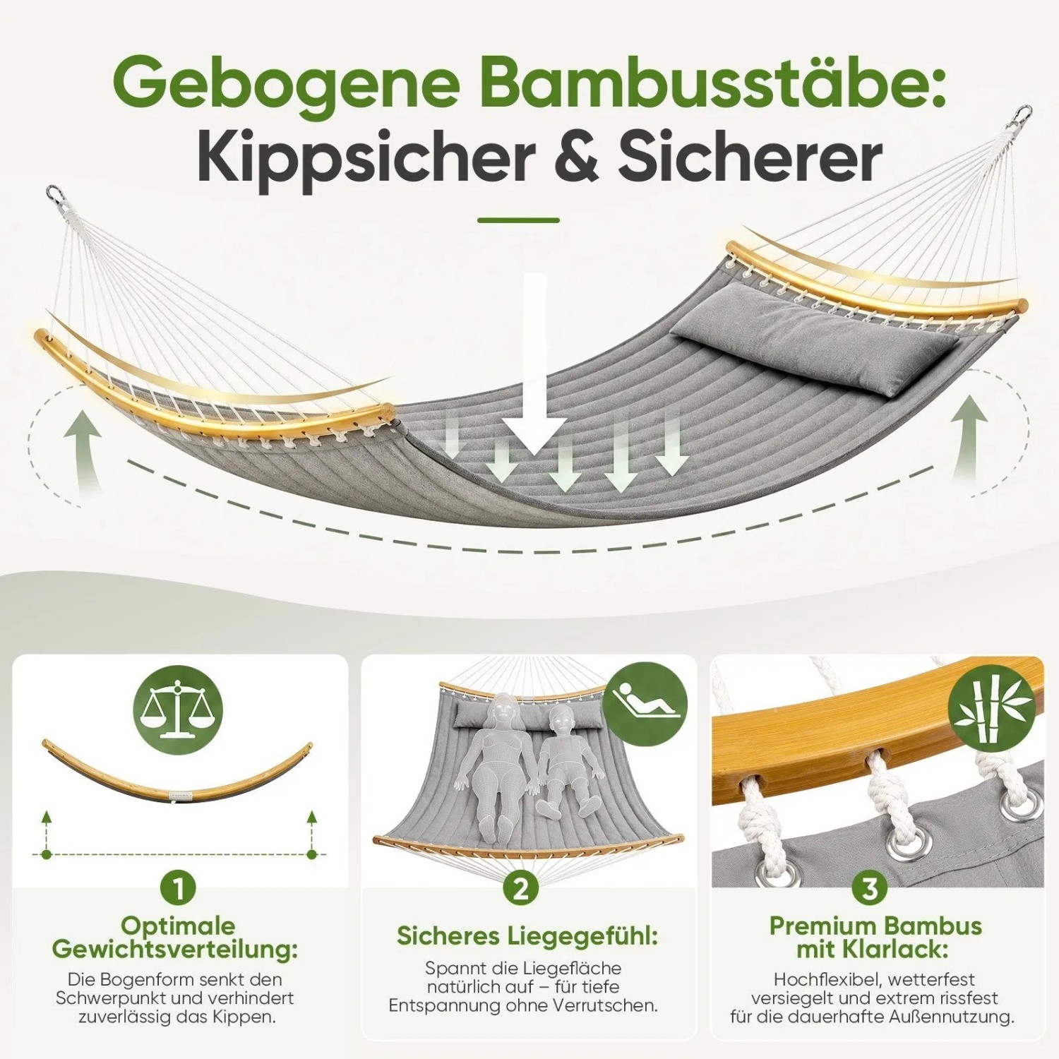 Graue, gepolsterte Doppelhängematte mit Bambus-Spreizstäben und Kissen. Zeigt sichere Gewichtsverteilung für 2 Personen.