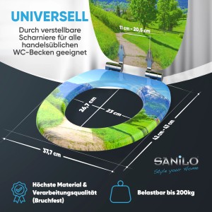 Sanilo WC-Sitz Alpen mit Absenkautomatik, Holz, mit Berglandschaft-Motiv.