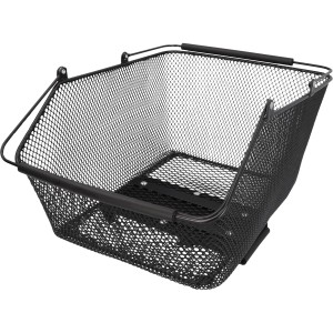 Schwarzer Fischer Gepäckträgerkorb Plus für City-E-Bikes, abnehmbarer Fahrradkorb mit Tragegriffen.