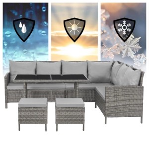 Graues Svita Madison Rattan-Lounge Gartenmöbel-Set: Ecksofa, Tisch, 2 Hocker, Kissen. Wetterfest.