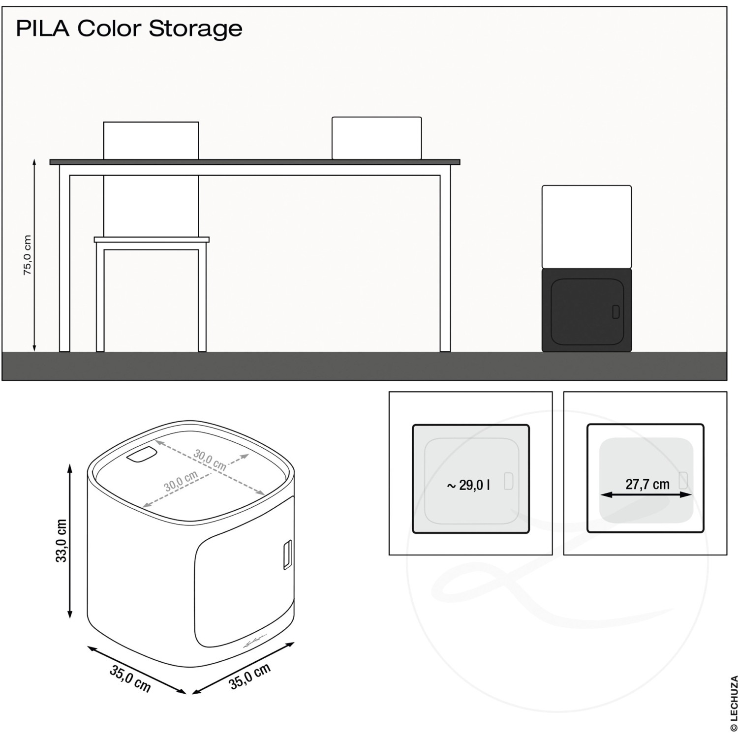 Lechuza Pila Color Storage, lichtgraues Pflanzzubehör mit Aufbewahrungselement und Maßangaben.