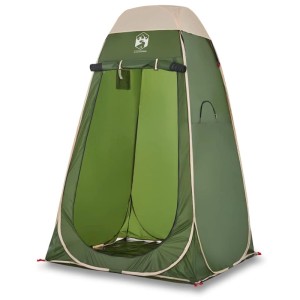 Grünes Pop Up Umkleidezelt mit beigem Dach und offenem Eingang. Ideal für Camping, Sichtschutz und Privatsphäre.