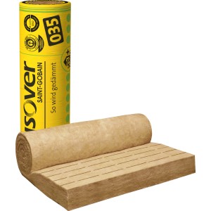 Isover Integra ZKF Klemmfilz 035, 180 mm: Rolle und ausgerollte Mineralfaser Dämmung.