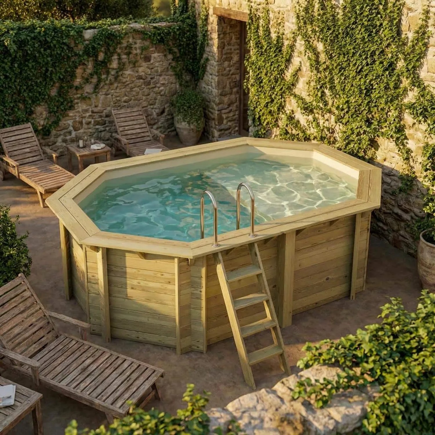 ALTANKA Holzpool Nemo 4,3x3 Höhe 1,31 m SANDFARBEN mit Liegefläche mit am Beton Verschraubten Stützen BAS7303OSPL3+PLA303_2