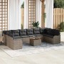 Graues 11-teiliges vidaXL Garten-Sofa-Set aus Polyrattan mit Tisch und grauen Kissen.