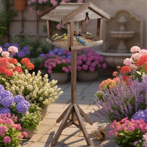 Relaxdays Vogelfutterhaus mit Ständer Tannenholz Braun Imprägniert 117 cm x 50 cm x 50 cm 2,3 kg