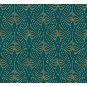 Grüne Vliestapete mit Art Deco Muster in Goldglanz. Dekorative Tapete mit leicht strukturierter Oberfläche.