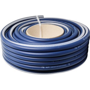Aufgerollter, blauer Fitt Trinkwasserschlauch Pure (1/2) auf einer Pappspule.