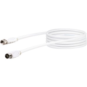 Weißes Schwaiger SAT-Anschlusskabel, 3 m, mit F-Stecker auf IEC-Stecker für Antennenanschluss.