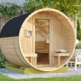 Weka Fasssauna 198 Sparset mit 9 kW Ofen im Garten, runde Form, Holzwände, Glastür.