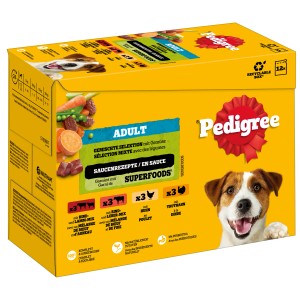 Pedigree Hunde-Nassfutter Multipack, gemischte Sorten in Sauce, 12 x 100g. Alleinfutter für adulte Hunde.
