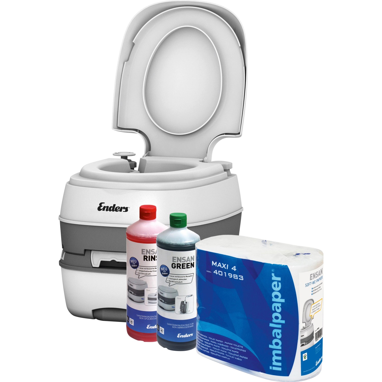 Enders Campingtoiletten Starter-Set WC Deluxe Green mit Toilette, Reiniger und Papier.