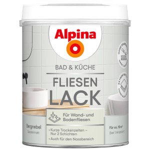 Dose Alpina Fliesenlack Bad & Küche, Farbton Bergnebel seidenmatt, für Wand- und Bodenfliesen.