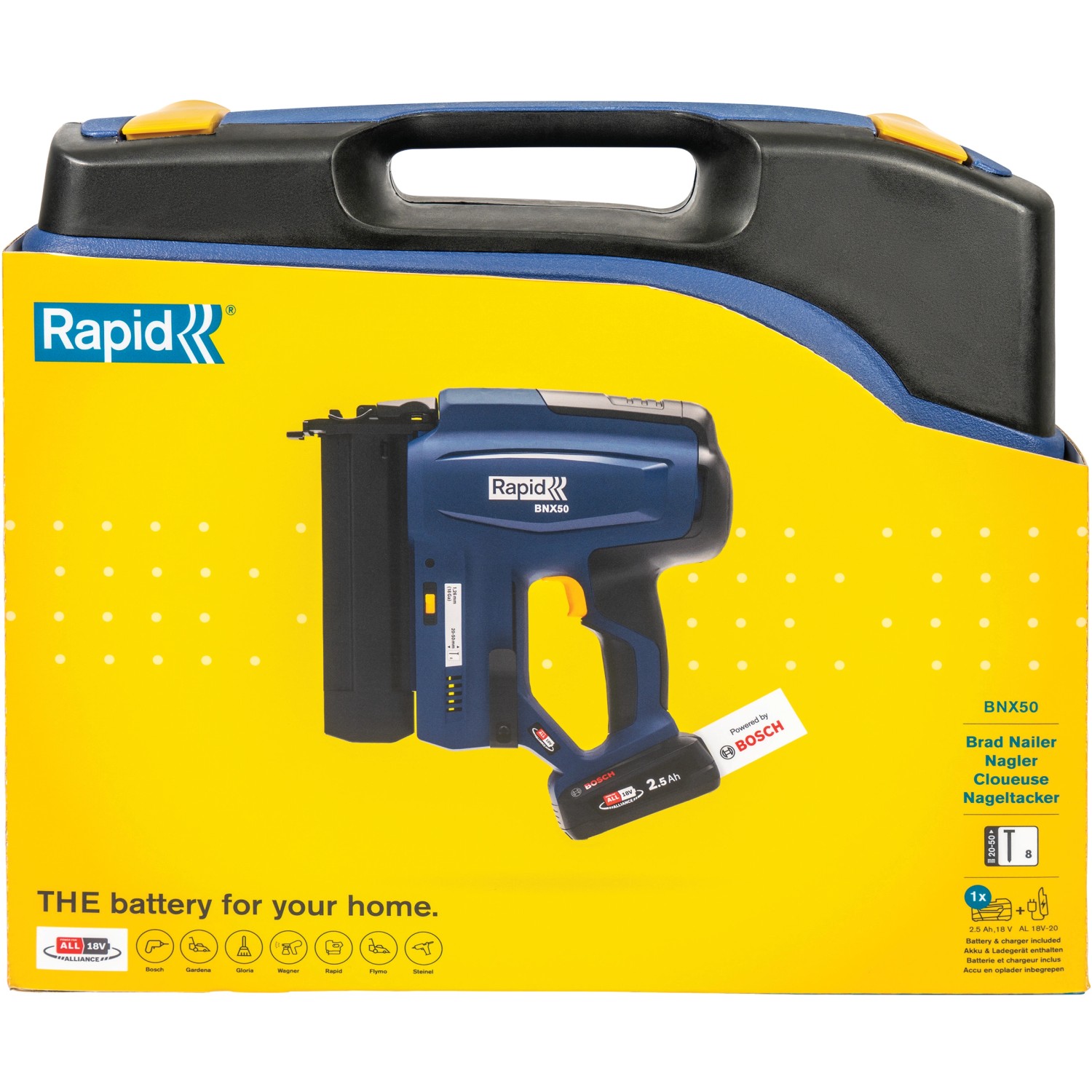 Rapid Akku-Nagler BNX50 im Koffer mit Akku und Ladegerät.